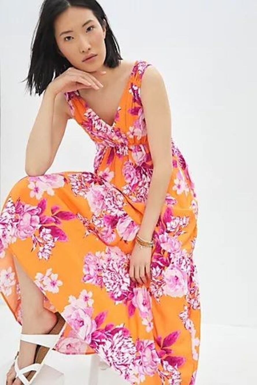 New Anthropologie Gathered Floral Maxi Dress $168 X-Small Orange V-neck Pockets